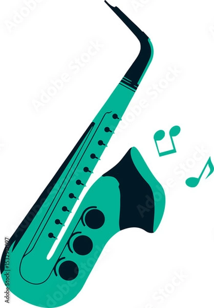 Fototapeta Flat vector saxophone is floating diagonally in green and teal with notes, transparent background