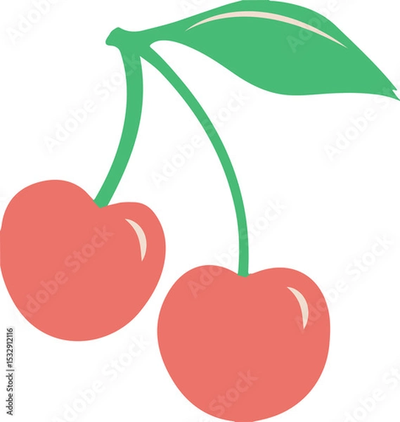 Fototapeta Cherries are hanging on green stems with leaf in flat design, transparent background, copy space