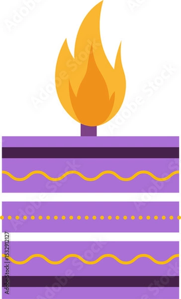 Fototapeta Flat candle is burning with purple stripes, yellow dots and orange flame, transparent background