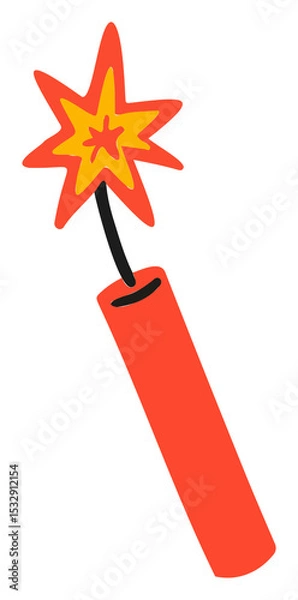 Fototapeta Flat design firecracker with black fuse is floating on transparent background with glowing spark