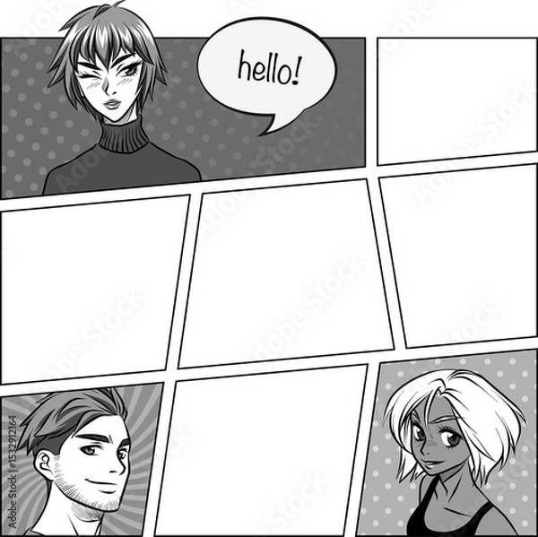 Obraz Flat comic layout is showing three smiling faces with speech bubble, tones, transparent backdrop