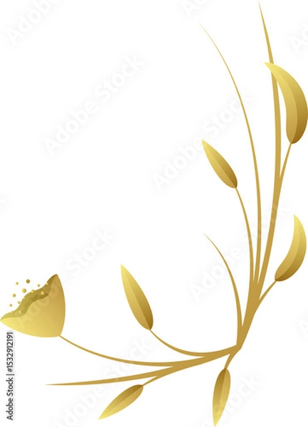 Obraz Flat design gold branch featuring curving leaves and bud dots on transparent background, copy space