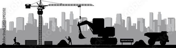 Obraz Construction silhouette showing workers operating crane and excavator, transparent background