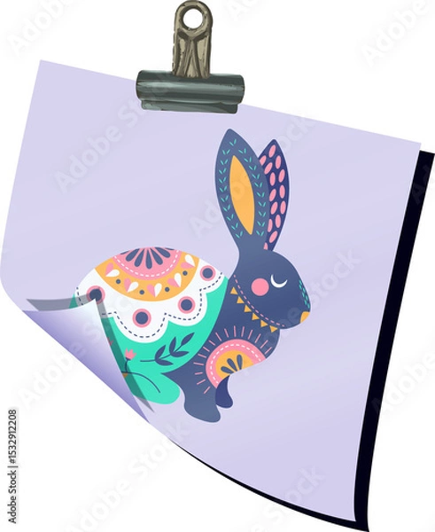 Fototapeta Showing flat design binder clip holding lilac paper with patterned rabbit on transparent background