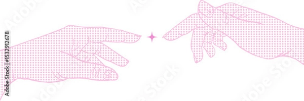 Obraz Two pink halftone-dot hands are reaching toward glowing star spark on transparent background