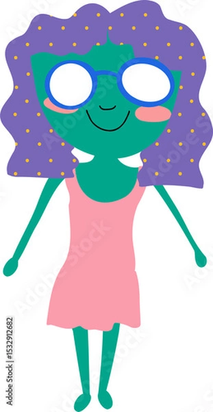 Obraz Flat design figure is standing on transparent background with green skin, blue glasses, purple hair