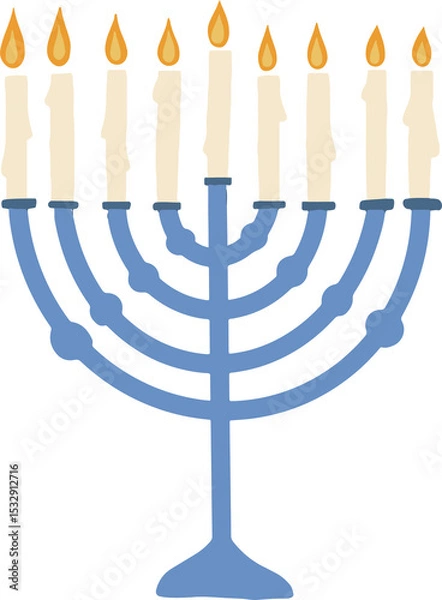 Obraz flat-style light-blue menorah showing nine candles burning orange flames on transparent background