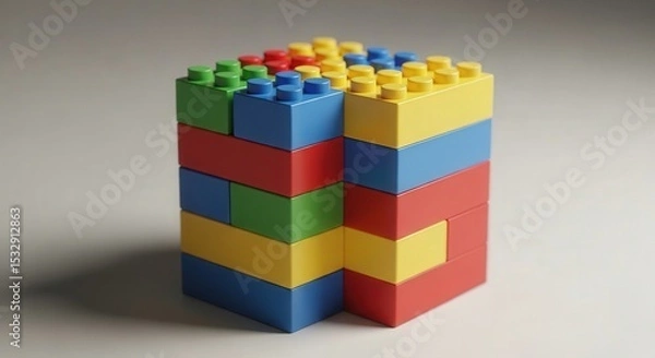 Fototapeta Colorful Plastic Building Blocks Stacked in Geometric Pattern on Neutral Background