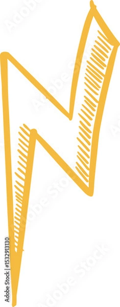 Fototapeta Stylized yellow zigzag bolt is floating on transparent background with hand-drawn hatch shading