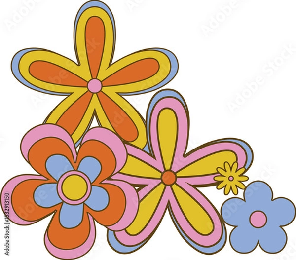 Obraz Five overlapping retro flowers are appearing on transparent background, featuring colorful petals