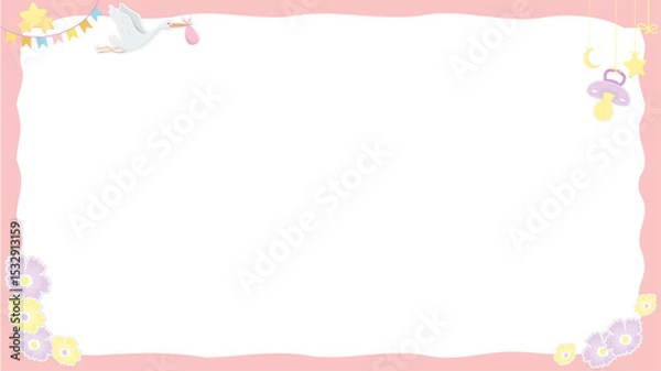 Fototapeta Baby-themed flat design frame is floating on transparent backdrop, showing stork bundle, copy space