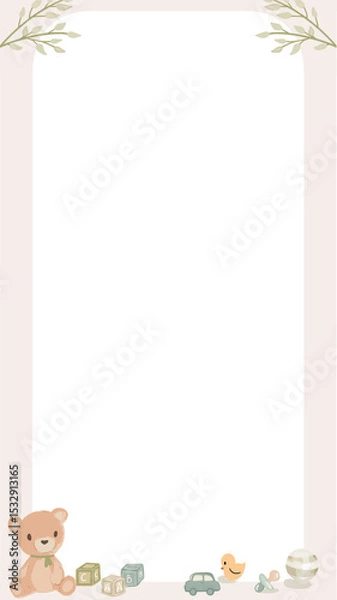 Obraz Flat baby-themed frame is showing toy motifs and leaf sprigs on transparent background, copy space