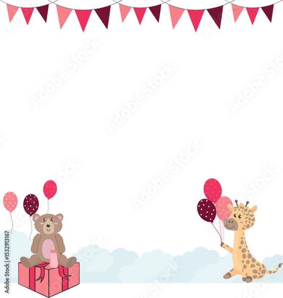 Fototapeta Flat design is showing teddy, giraffe with bunting, gift box and baby bottle, balloons, transparent