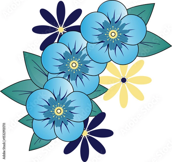 Fototapeta Flat design corner is showing blue-yellow daisy blooms with teal leaves on transparent background