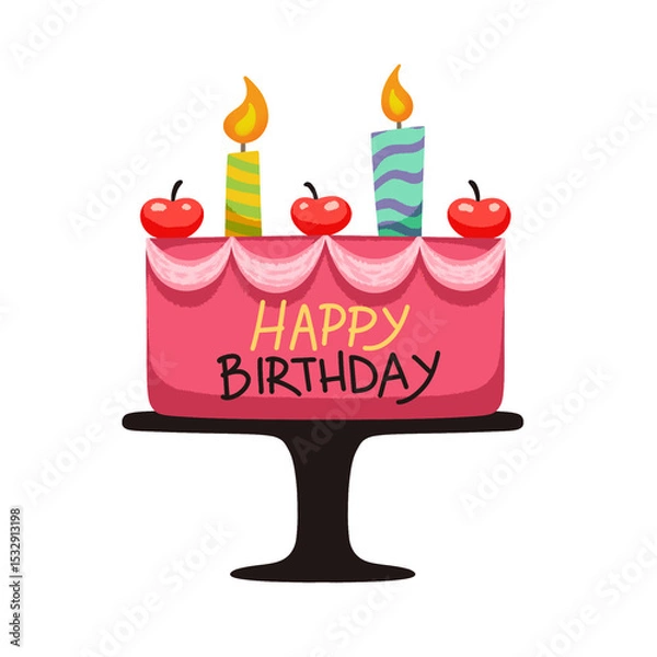 Fototapeta Flat design pink birthday cake is being shown on transparent bg with stand, lit candles, cherries