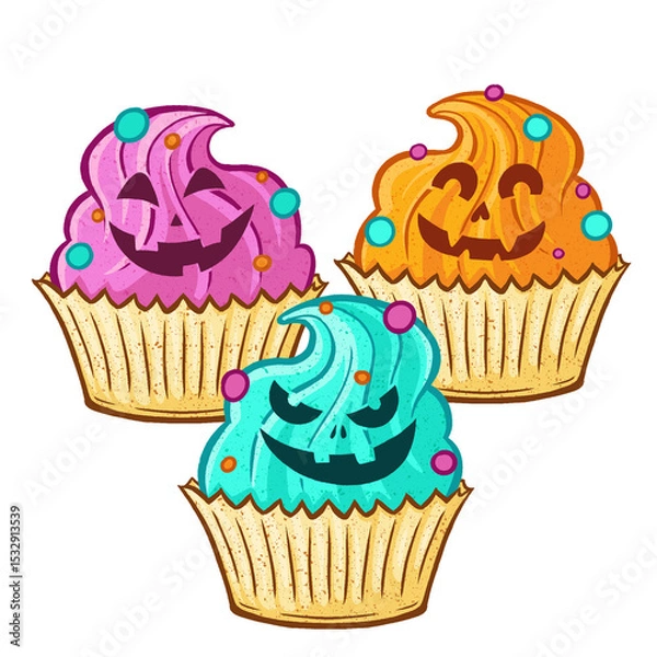 Fototapeta Three cupcakes showing pumpkin face speckled frosting swirls in flat design, transparent background
