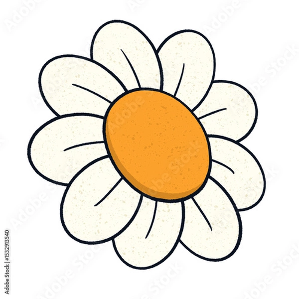 Fototapeta Flat stylized daisy is floating on transparent background, showing white petals and orange center
