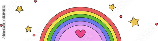 Fototapeta Flat design rainbow arch is glowing on transparent background with heart center, stars and circles