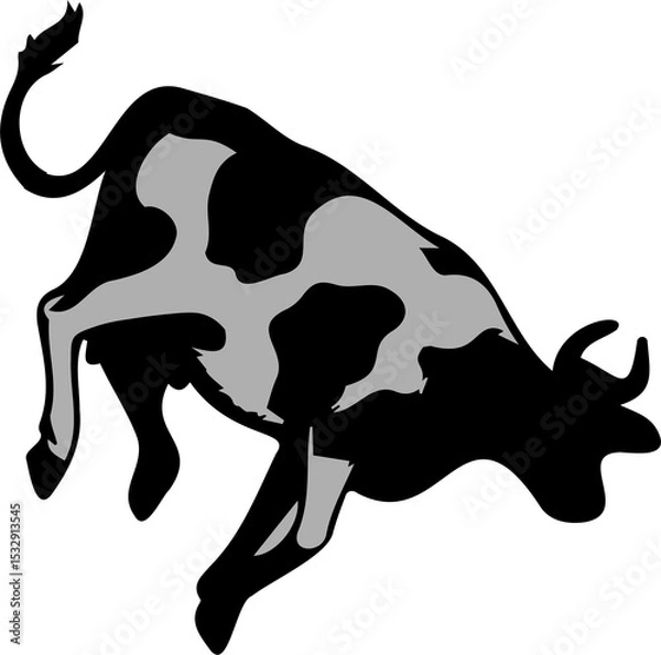 Fototapeta Cattle shape is jumping in flat style with thick outline and grey patches, transparent backdrop