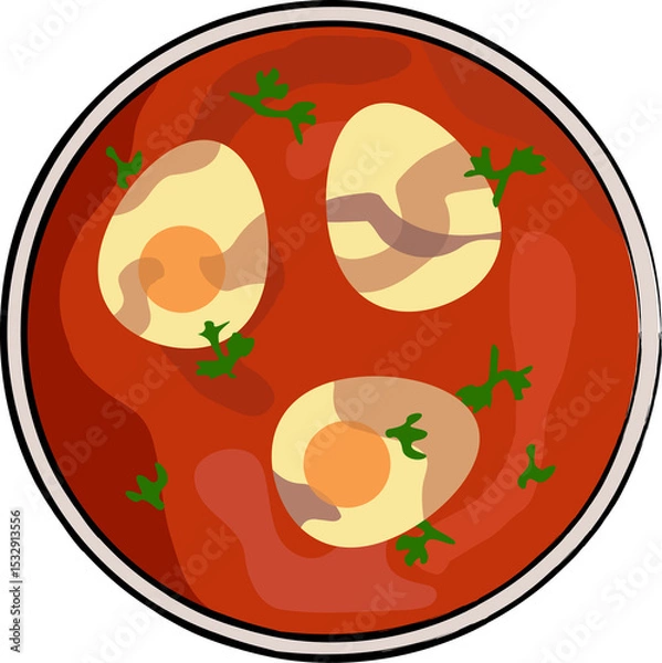 Obraz Eggs are cooking in tomato sauce on plate in flat design with herb sprigs, transparent background