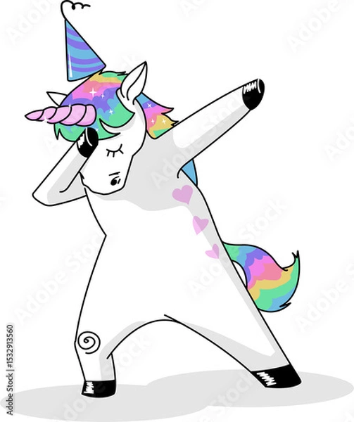 Fototapeta Flat design unicorn is dabbing on transparent background wearing striped party hat with oval shadow