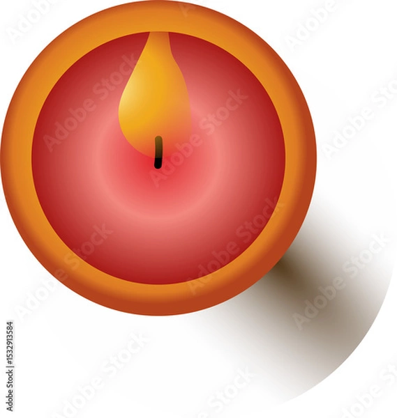 Fototapeta Flat candle is sitting on white platform, showing red wax, flame, shadow on transparent background