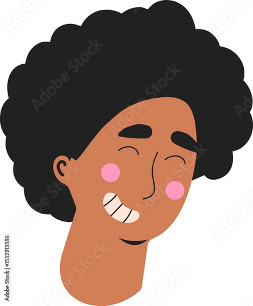 Obraz Smiling cartoon head is floating in flat design, with dark curly hair and transparent background