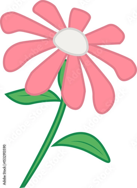 Fototapeta Pink daisy is showing flat design with white center, green stem and leaves, transparent background