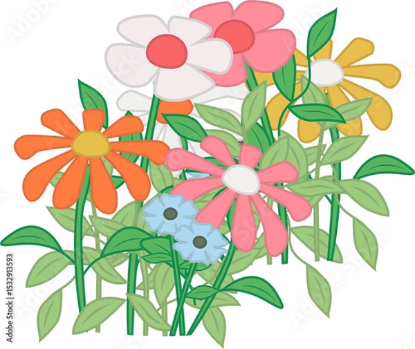 Fototapeta Daisy-like flat flowers are floating on transparent background with green stems and colorful petals
