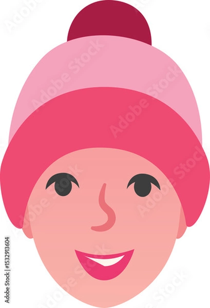 Obraz Flat design smiling head is wearing three-tone pink hat with dark pom-pom on transparent background
