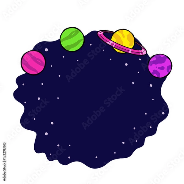 Fototapeta Stylized space flat vector art showing four colorful planets above starry navy void, transparent bg