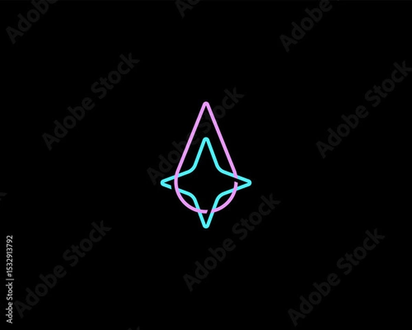 Obraz Abstract logo of overlapping drop and four-pointed line star. Creative water liquid vector sign. Flash light symbol.