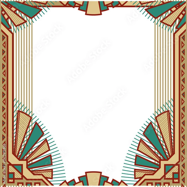 Fototapeta Ornate geometric frame is showing fan motifs in flat Art Deco, transparent background, copy space