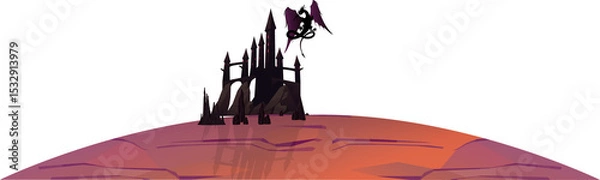 Fototapeta Vector castle silhouette and flying dragon are showing on gradient orb with transparent background