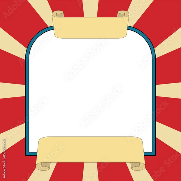 Fototapeta Arched signboard is showing flat design with scrolls, red-yellow rays on transparent background
