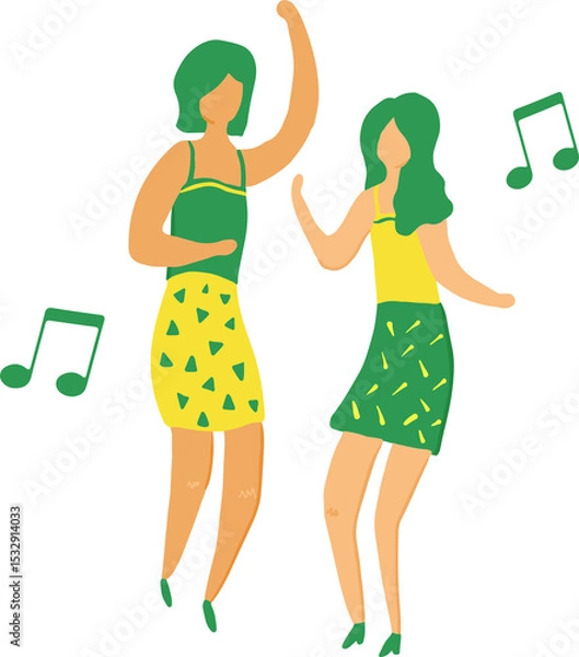 Fototapeta Two female figures are dancing in flat vector, green music notes, transparent backdrop, copy space