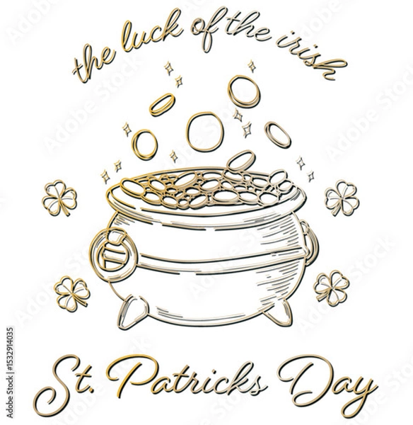 Fototapeta Line art cauldron brimming gold coins and sparkles around clovers showing cursive text transparent