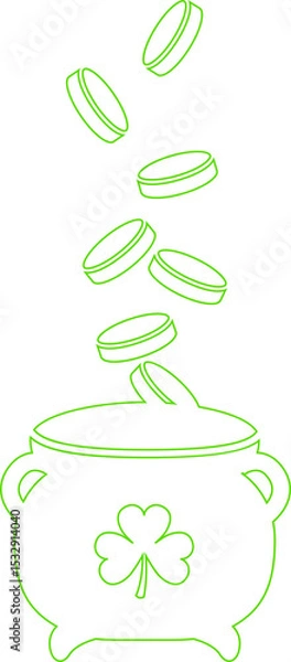 Obraz Shamrock cauldron is catching falling coin outlines in neon green lineart on transparent background