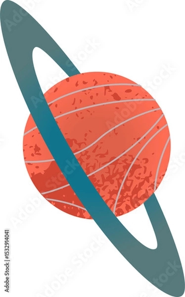 Fototapeta Flat design red-orange orb with gray bands is floating on transparent backdrop with teal-blue ring