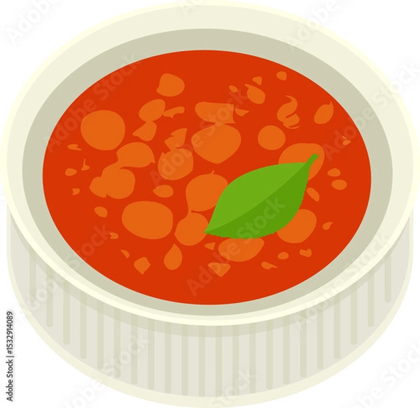 Obraz Red soup is being shown in flat style inside ribbed bowl with green leaf, transparent background