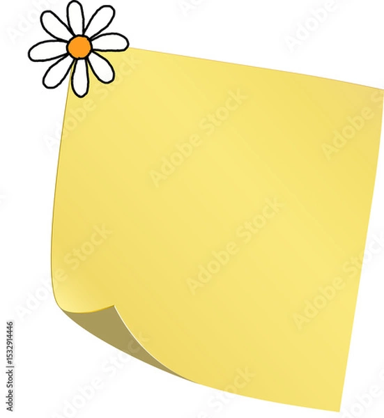 Fototapeta Flat design yellow sticky note is floating on transparent background, featuring white daisy accent