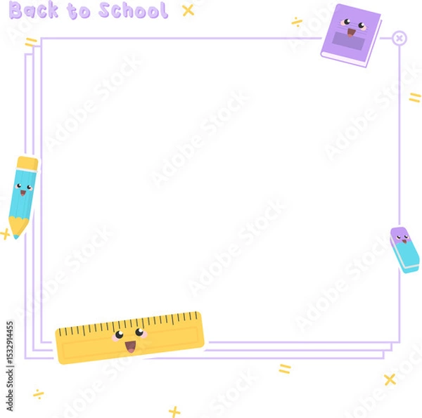 Fototapeta Showing back-to-school vector frame with pencil, notebook, eraser, ruler on transparent background