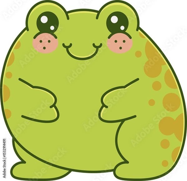 Obraz Chubby green frog cartoon is showing transparent sticker with glossy eyes and orange spots