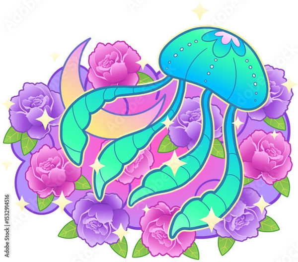 Obraz Flat design jellyfish is floating over camellia blooms with moon, stars, transparent background