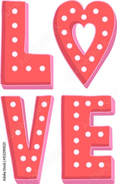 Fototapeta Displaying 3D coral-pink LOVE sign with bulb studs plus heart cutout on transparent background