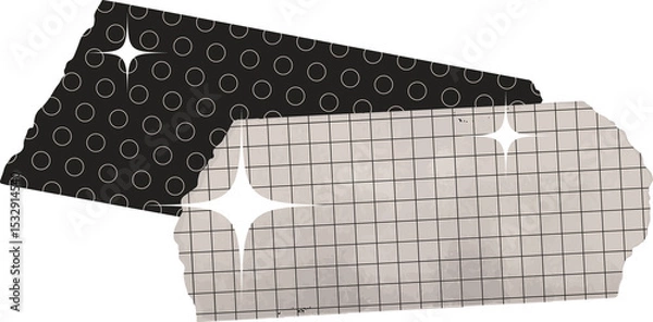 Fototapeta Decorative tape strips are overlapping on clear canvas with circle grid patterns and white sparkles