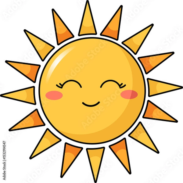 Obraz Flat cartoon sun is smiling on transparent background, showing yellow body and orange rays
