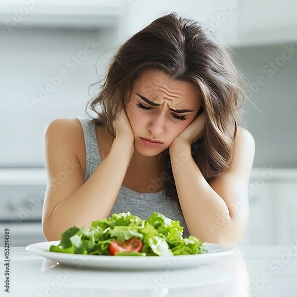 Fototapeta Woman with a Plate of Green Salad in the Kitchen, Depressed Due to Dieting, Representing the Emotional Impact of Strict Diets, Isolated on White Background