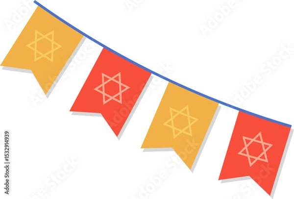 Fototapeta Flat design is showing blue cord hanging 4 red-yellow pennants with 6-point stars on clear backdrop