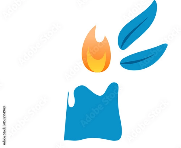 Fototapeta Flat design blue candle is showing dripping wax, flame, leaf shapes, white dots on clear background